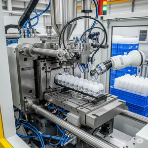 Máquina fabricadora de esferas plásticas por inyección en planta industrial